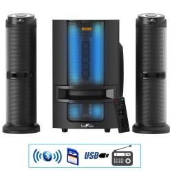 beFree Sound Bluetooth 2.1 Channel Multimedia Wired Speaker Shelf System with Sound Reactive LED lights and USB Input